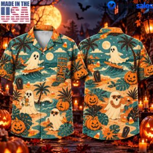 Tropical Halloween Hawaiian Shirt for Men, Ghost Surfing Aloha Shirt